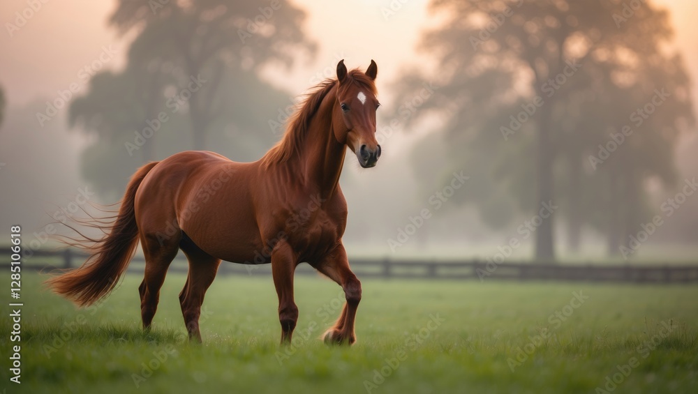 Fototapeta premium Image of a beautiful young chestnut horse in a green field