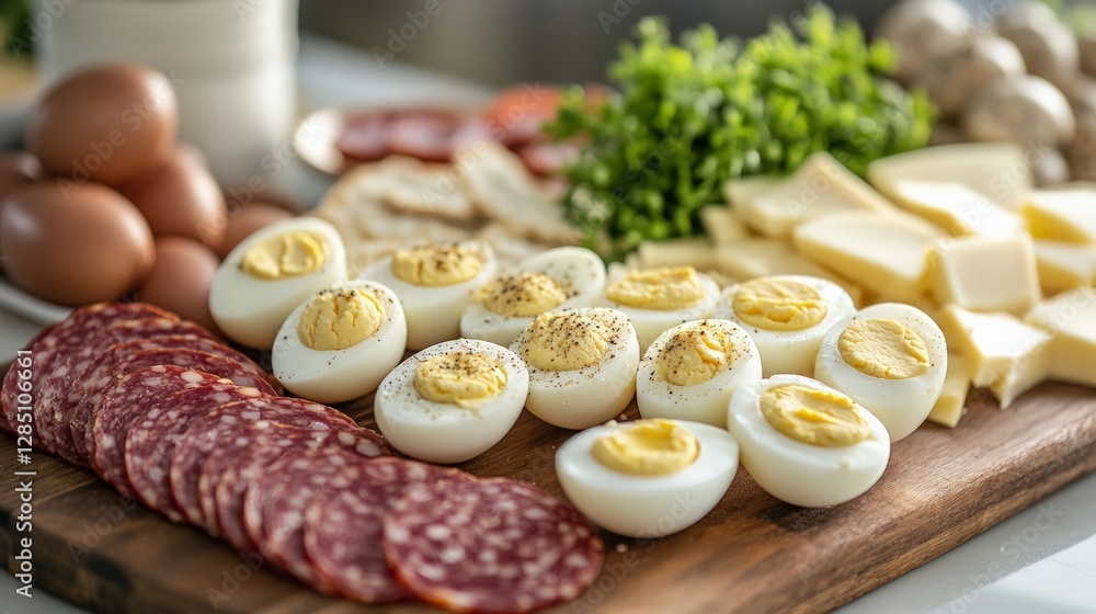 Delicious deviled eggs and charcuterie board preparation at home kitchen food photography cozy setting culinary delight