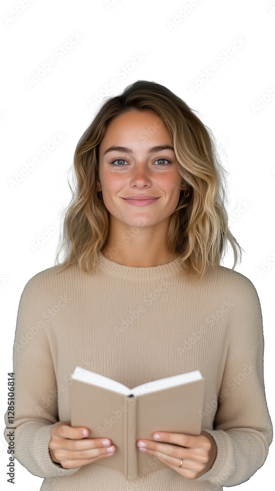 Smiling young woman holding a white book on transparent background Smiling young woman holding a white book on transparent background