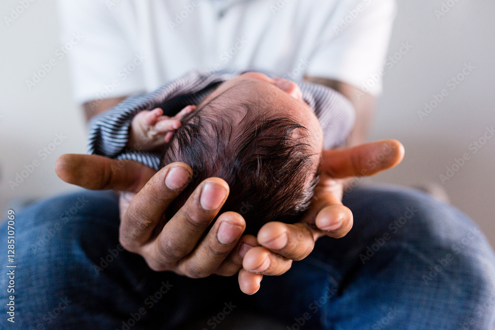 Fototapeta premium Father gently cradling a newborn baby's head in his hands