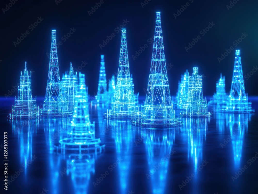 Fototapeta premium Futuristic city skyline at night, digital rendering, reflection, technology
