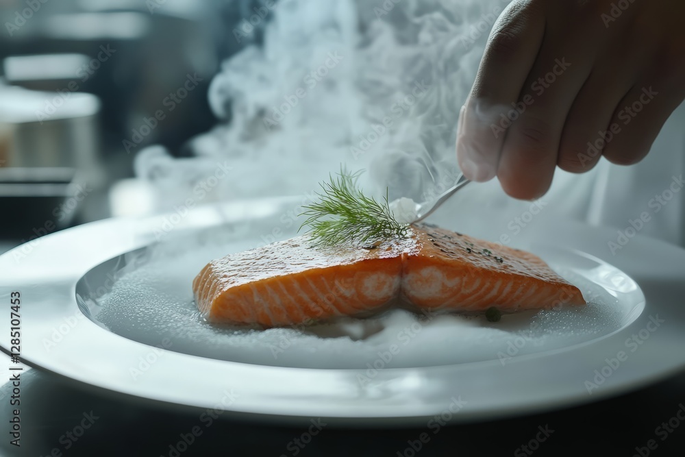 Exquisite salmon dish preparation culinary studio food photography elegant ambiance close-up gourmet experience