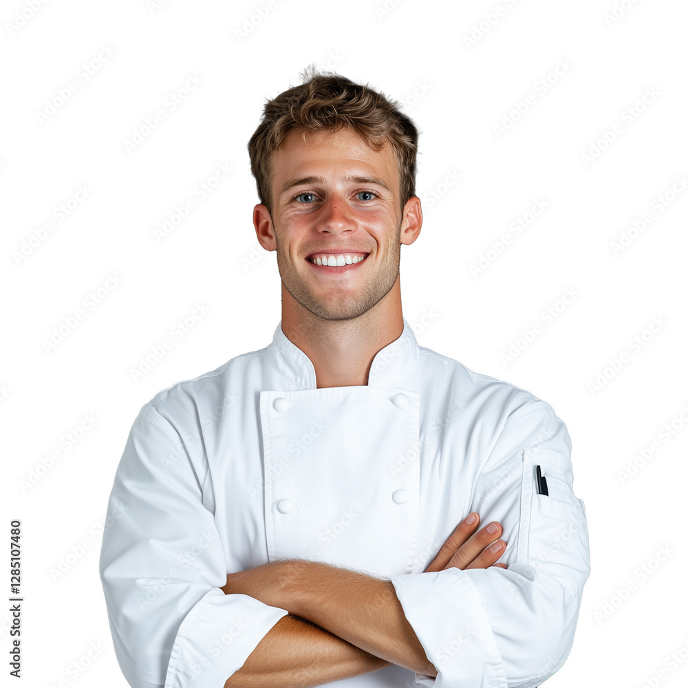 Smiling young chef in white uniform with crossed arms on transparent background Smiling young chef in white uniform with crossed arms on transparent background