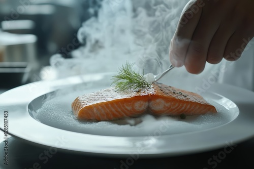 Obraz na płótnie Exquisite salmon dish preparation culinary studio food photography elegant ambiance close-up gourmet experience w salonie