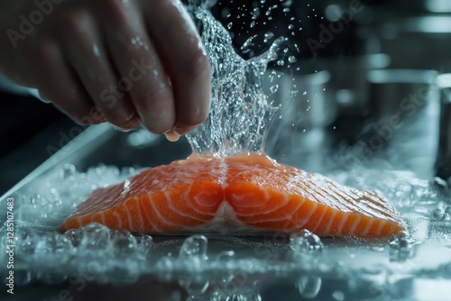 Slicing fresh salmon culinary kitchen food photography indoor setting close-up view culinary art