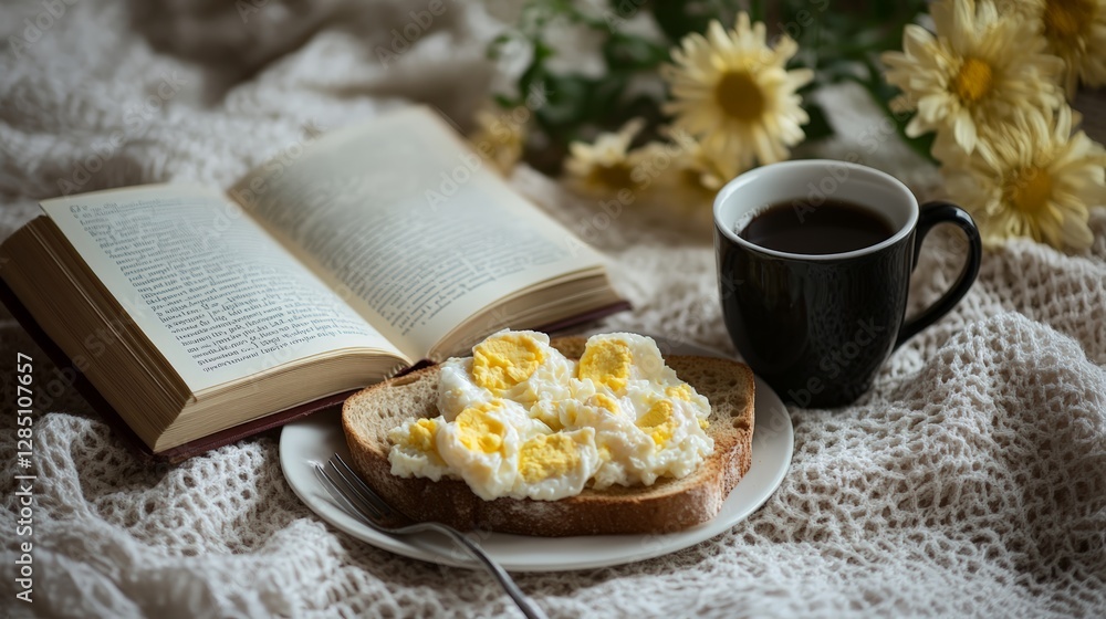 Morning routine enjoying breakfast with coffee and a book in a cozy home environment