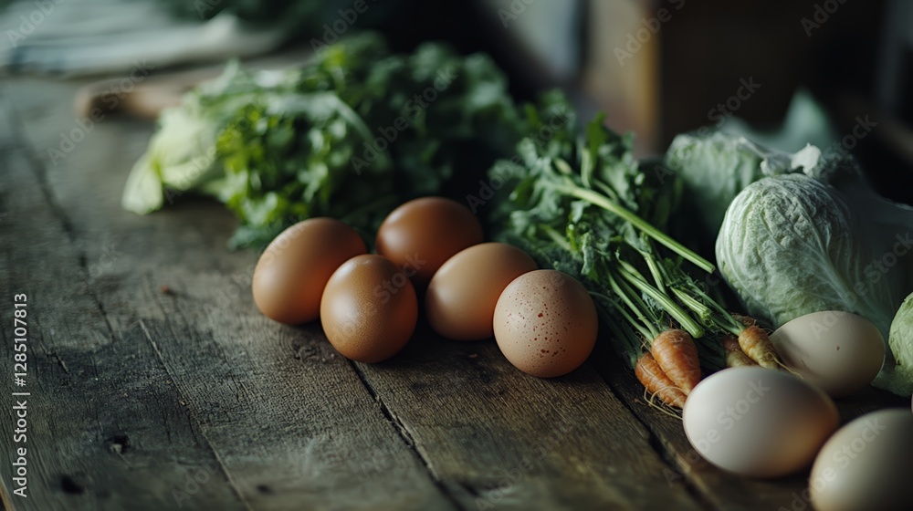 Fresh eggs and organic vegetables rustic kitchen food photography cozy environment close-up healthy eating concept