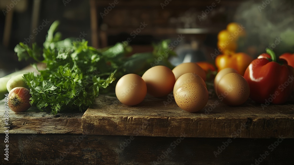 Preparing fresh ingredients eggs and vegetables rustic kitchen culinary photography cozy environment close-up view healthy cooking