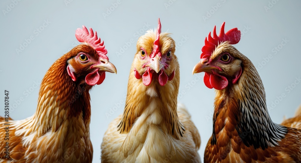 Naklejka premium Image of three chickens set against a white backdrop