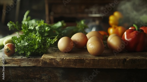 Obraz na płótnie Preparing fresh ingredients eggs and vegetables rustic kitchen culinary photography cozy environment close-up view healthy cooking w salonie
