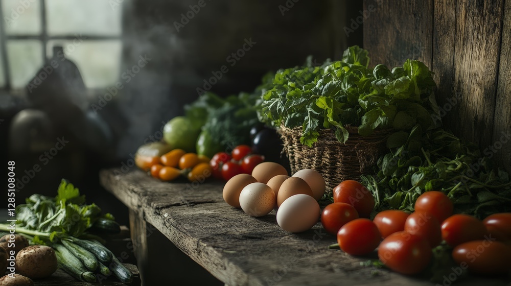 Harvesting fresh vegetables and eggs rustic kitchen still life natural light close-up organic farming concept