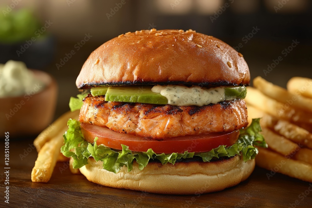 Delicious grilled salmon burger with crispy fries diner food photography cozy ambience close-up culinary delight