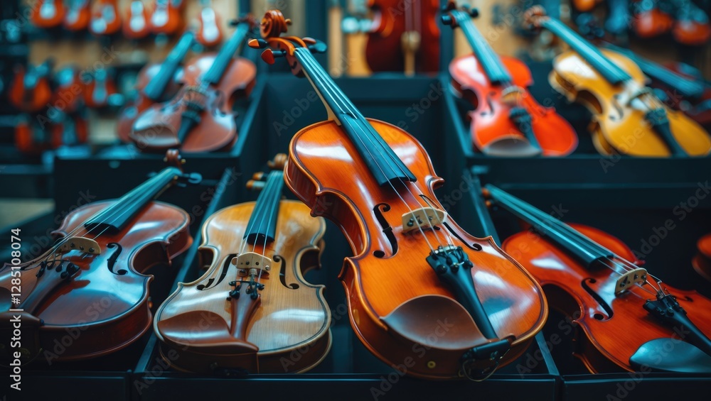 Naklejka premium collection of violins displayed in a music shop