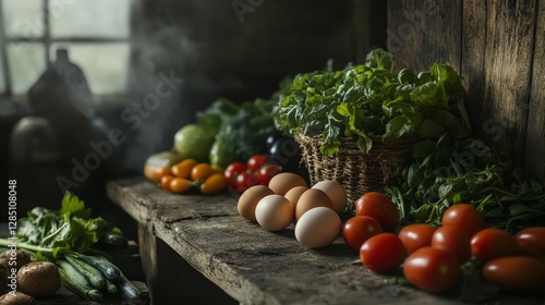Obraz na płótnie Harvesting fresh vegetables and eggs rustic kitchen still life natural light close-up organic farming concept w salonie