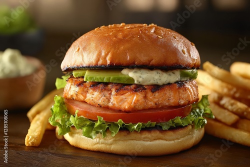 Obraz na płótnie Delicious grilled salmon burger with crispy fries diner food photography cozy ambience close-up culinary delight w salonie