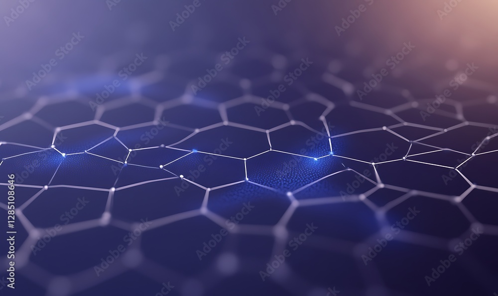 Obraz premium Abstract hexagonal pattern with glowing nodes on a dark background, symbolizing technology and connectivity.