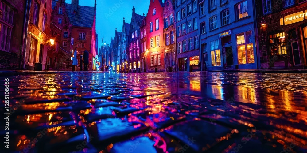 Naklejka premium City street with a reflection of the buildings in the water