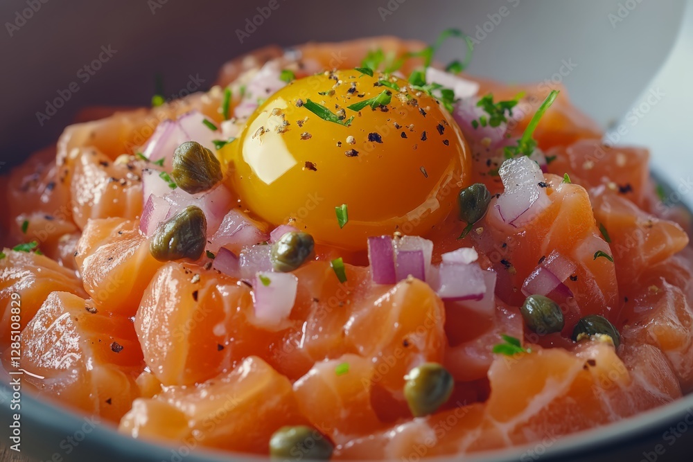 Savoring fresh salmon tartare with egg gourmet kitchen food photography cozy atmosphere close-up culinary delight