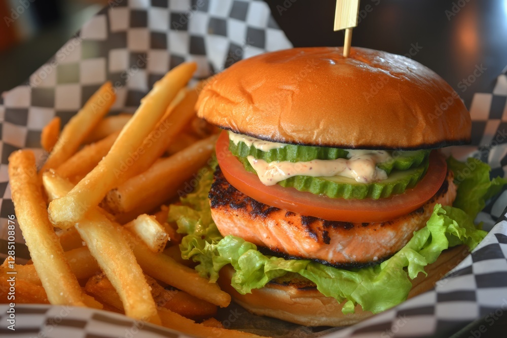 Delicious grilled salmon burger with fries restaurant food photography indoor setting aesthetic presentation