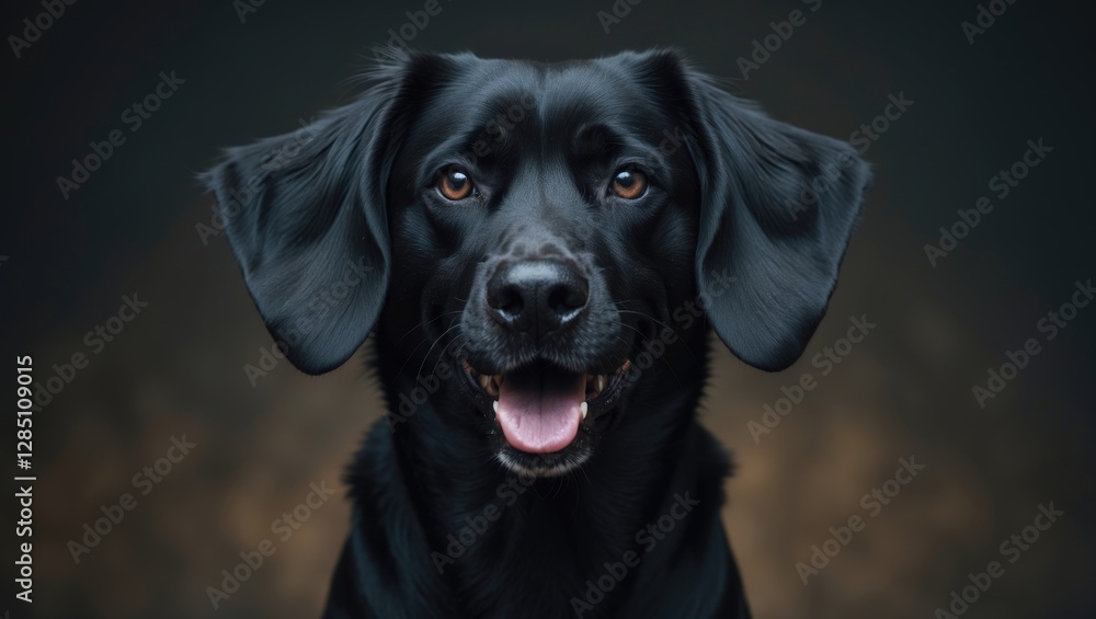 Happy black dog portrait. Joyful purebred canine with floppy ears. Happy black dog portrait. Joyful purebred canine with floppy ears.