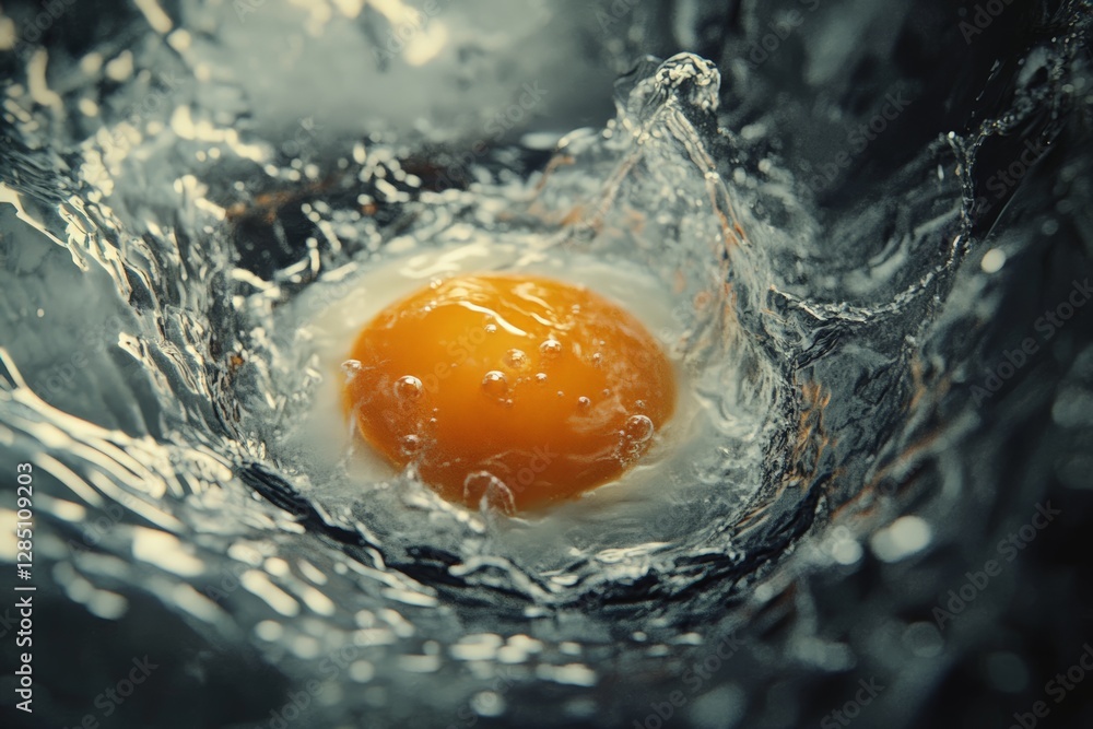 Dynamic splash of egg yolk in water culinary art kitchen close-up view food photography impact