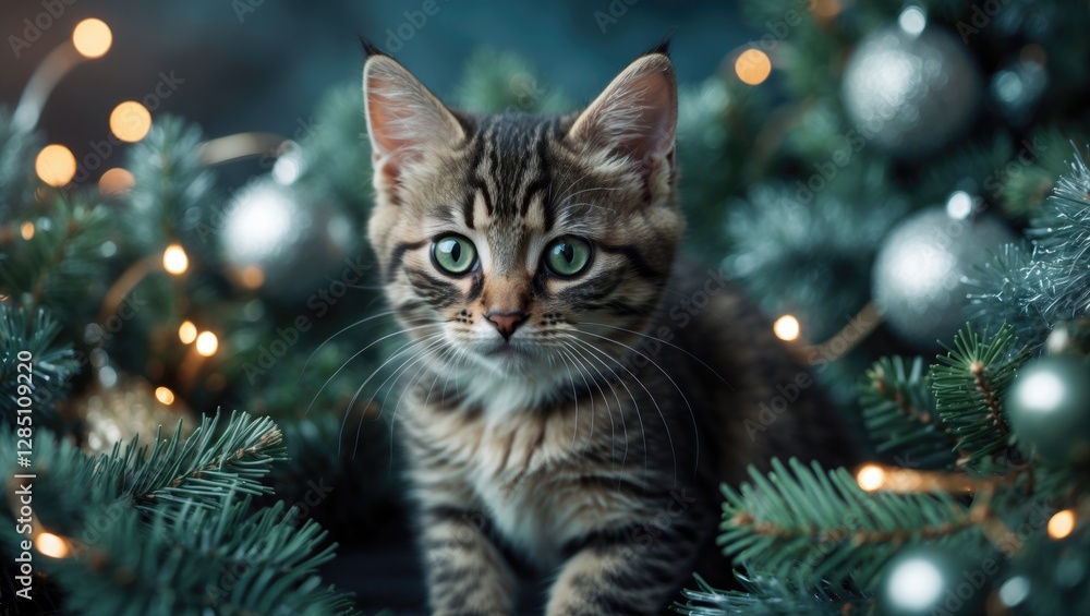 Close-up of a Tabby Kitten. Adorable Cat among sparkling garlands. Festive pet scene. Holiday card. Christmas decorations. Joyful New Year. Gorgeous Cat with bright green eyes. Close-up of a Tabby Kitten. Adorable Cat among sparkling garlands. Festive pet scene. Holiday card. Christmas decorations. Joyful New Year. Gorgeous Cat with bright green eyes.