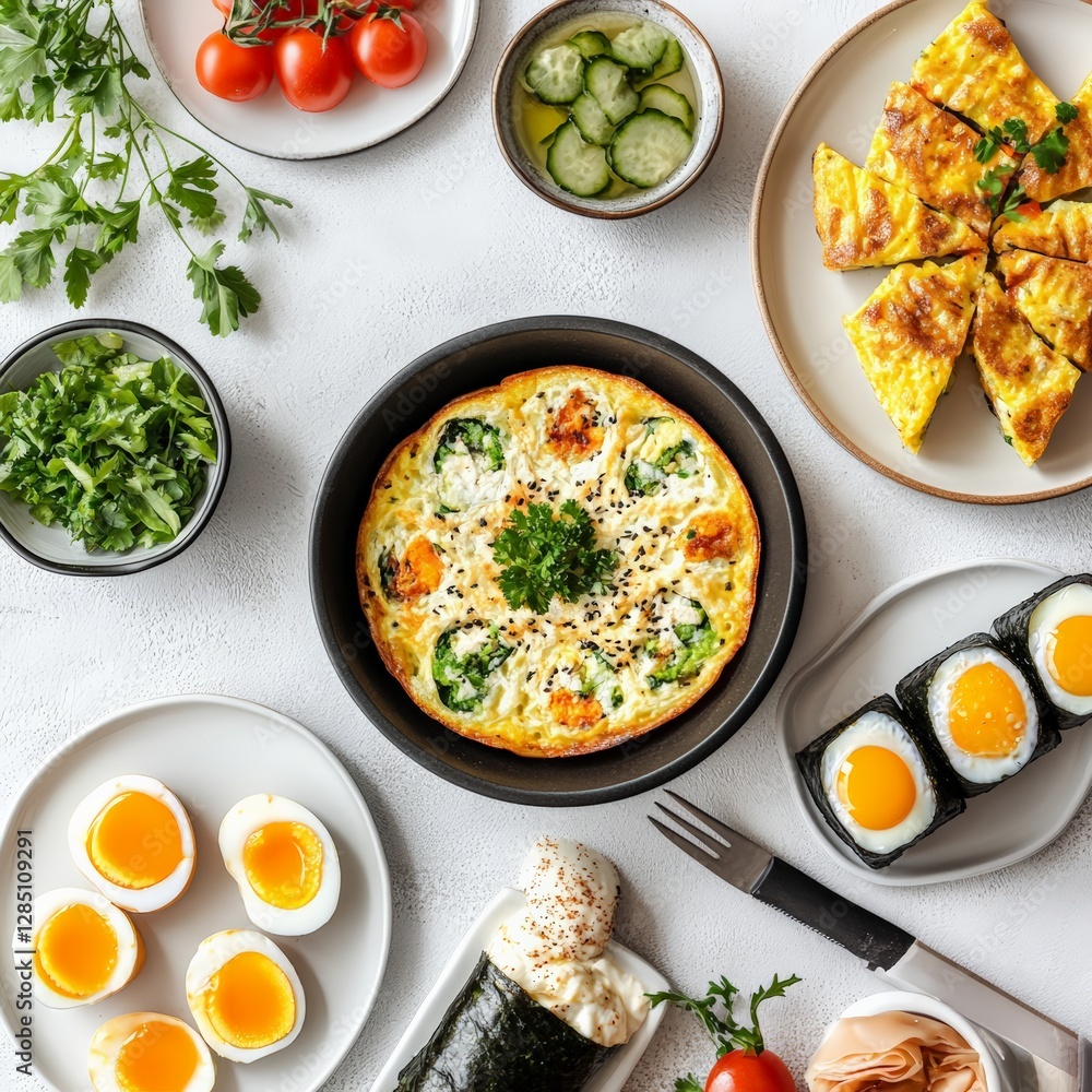 Delicious breakfast spread featuring eggs vegetables and sushi rolls at a cozy dining table bright and inviting atmosphere