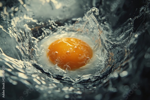 Obraz na płótnie Dynamic splash of egg yolk in water culinary art kitchen close-up view food photography impact w salonie