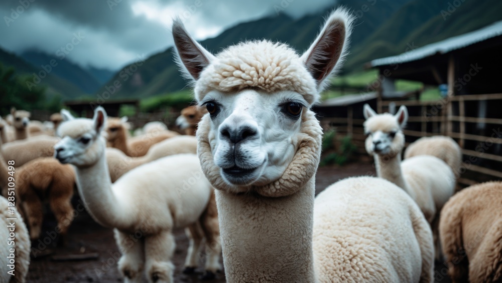 Obraz premium Detailed view of a white Alpaca on a farm close to Puno, Peru.