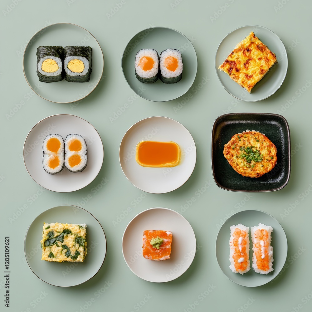 Sushi plate arrangement culinary arts food photography minimalist setting above view artistry in presentation