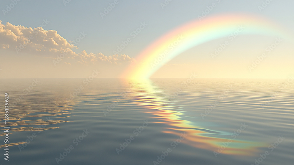Serene coastal scene featuring a vibrant rainbow arching over calm waters with soft clouds above Serene coastal scene featuring a vibrant rainbow arching over calm waters with soft clouds above
