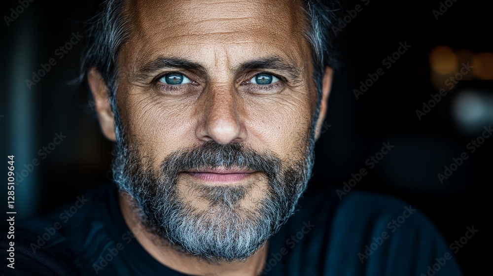 Close-Up Portrait of a Handsome Man with Graying Beard and Blue Eyes Close-Up Portrait of a Handsome Man with Graying Beard and Blue Eyes