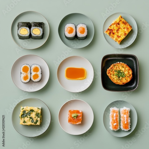 Obraz na płótnie Sushi plate arrangement culinary arts food photography minimalist setting above view artistry in presentation w salonie