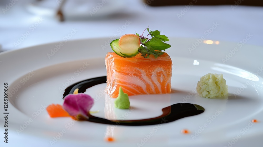 Culinary art gourmet salmon dish elegant restaurant food presentation sophisticated dining close-up visual appeal