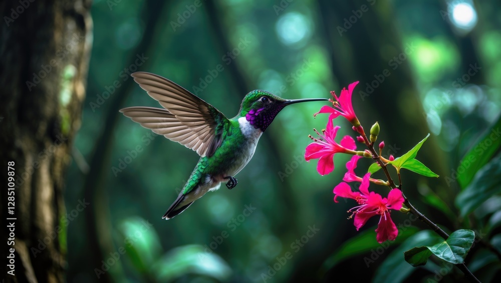 Fototapeta premium Emerald Violet-ear, Colibri thalassinus, hovering in lush tropical woodland, red flowers, Tapanti NP, Costa Rica. Jungle wildlife scene featuring a hummingbird near pink blossoms in a forest habitat.