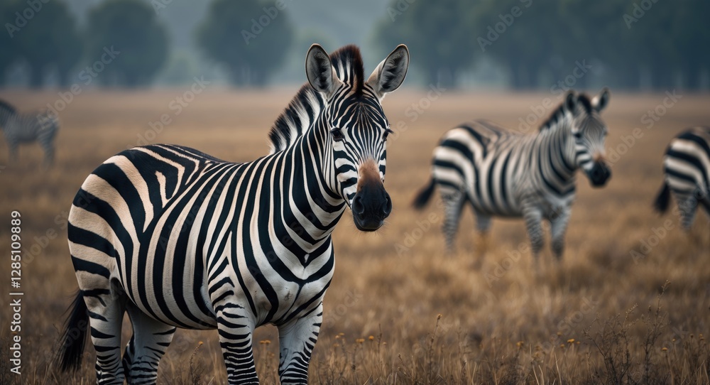 Fototapeta premium Zebra Hippotigris Grazing in the Meadow