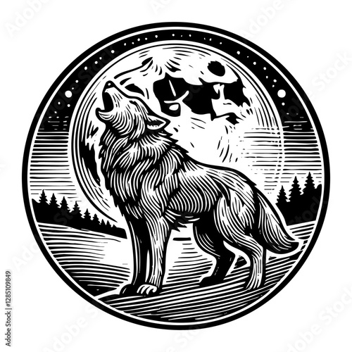 wolf howl portrait sketch engraving black and white outline. Scratch board imitation.