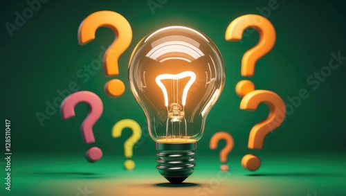 Illuminated lightbulb surrounded by question marks on a green backdrop symbolizing innovative thinking for problem-solving and solution generation through rendering.