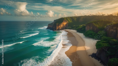 Fototapeta Naklejka Na Ścianę i Meble -  Aerial view of Pitinga beach in Arraial Da Ajuda, Porto Seguro, Bahia, featuring cliffs and the Atlantic Ocean in the background.