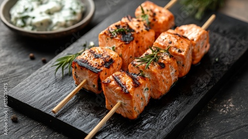 Obraz na płótnie Grilled salmon skewers outdoor barbecue food photography cozy backyard close-up culinary delight w salonie