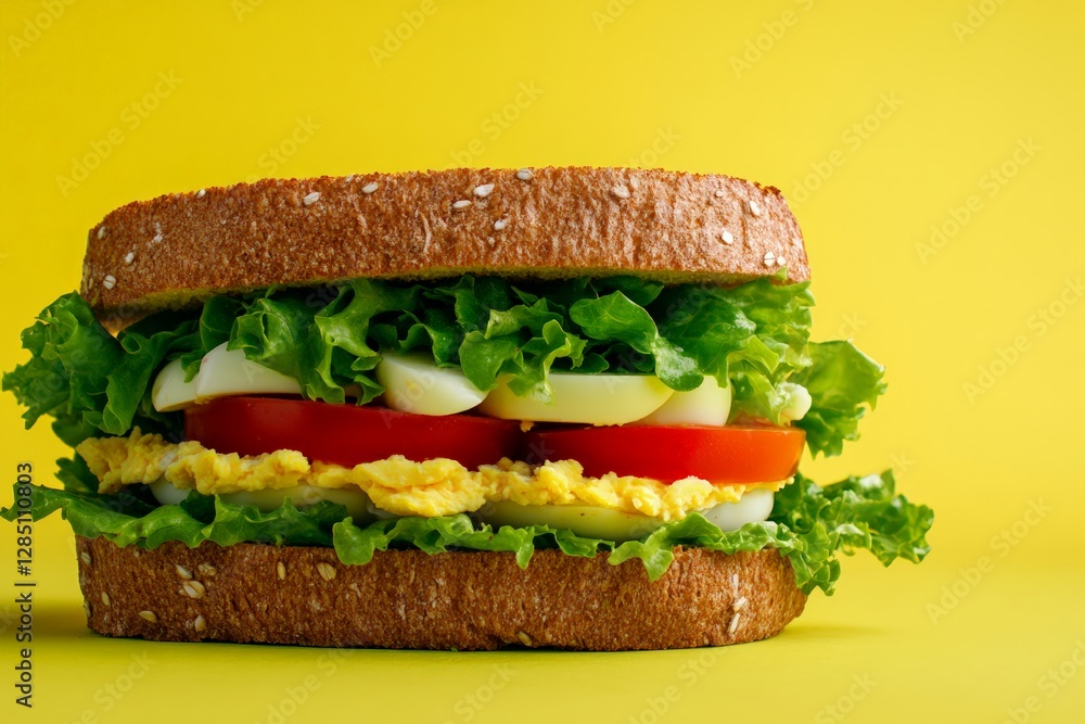 Delicious sandwich creation kitchen food photography bright yellow background close-up healthy eating concept