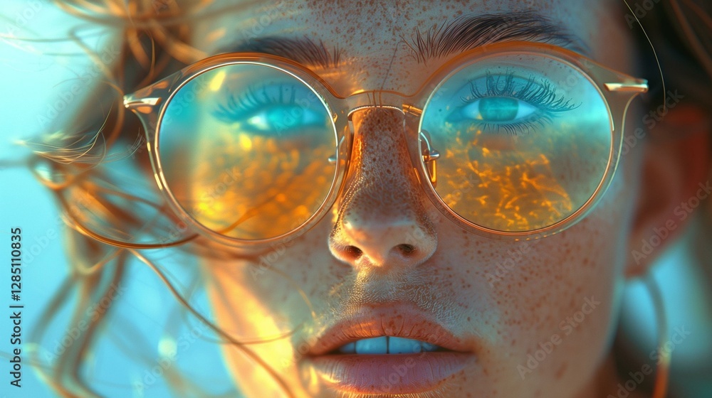A close-up of a person wearing large round glasses with a blue and orange light effect on their face A close-up of a person wearing large round glasses with a blue and orange light effect on their face