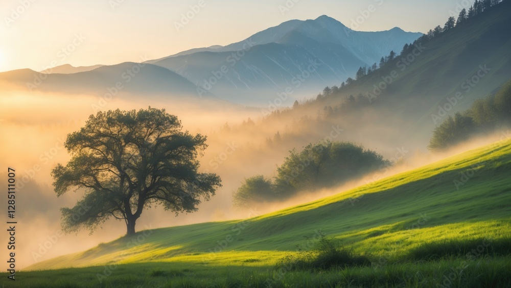 Obraz premium Stunning scenery - outline of a tree on a vibrant green hillside in soft focus under bright golden morning light, with distant mountain ranges shrouded in a pastel mist during early summer. Incredi...