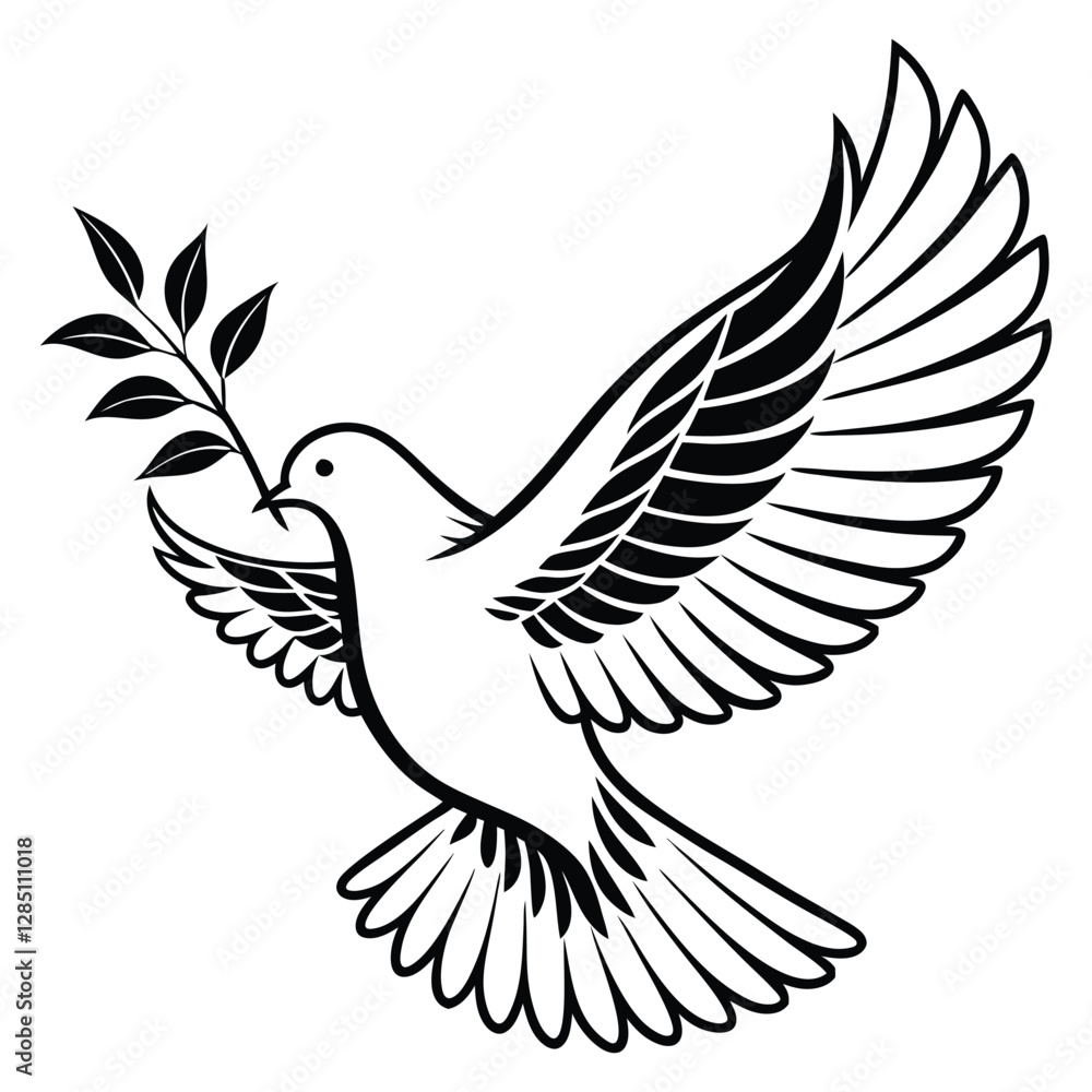 Fototapeta premium A black and white illustration of a dove in flight holding an olive branch in its beak, symbolizing peace and harmony. The detailed line work highlights the bird's feathers and graceful movement.