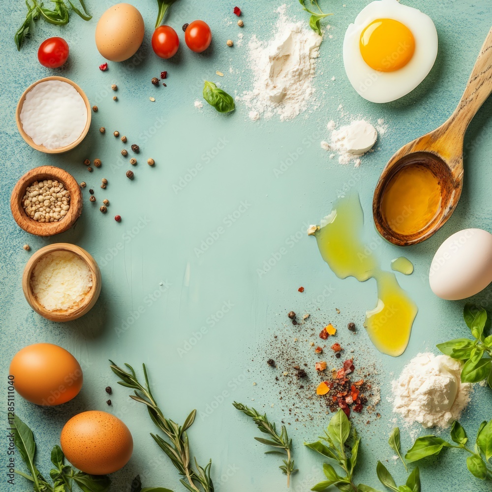 Cooking fresh ingredients eggs tomatoes and herbs in a bright kitchen setting