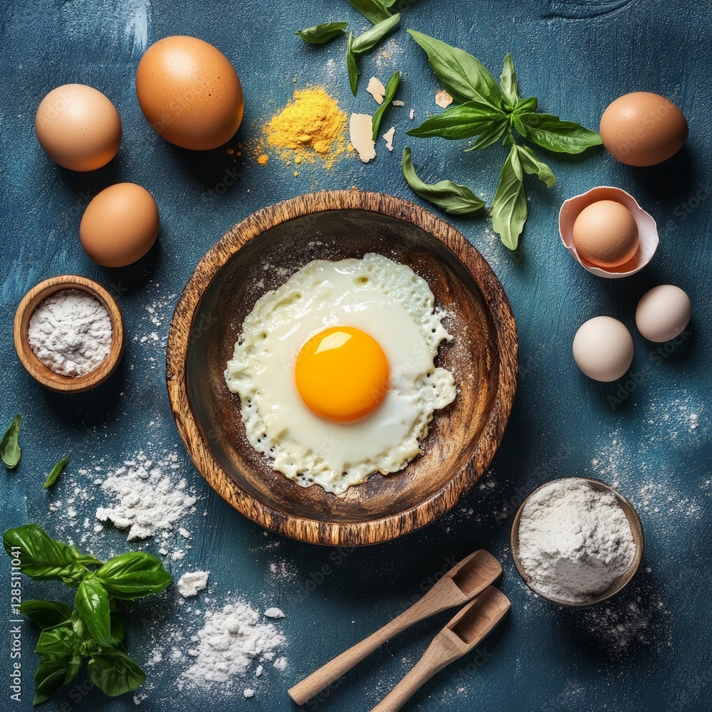Cooking fresh eggs with flour and herbs kitchen food preparation cozy setting aerial view culinary art