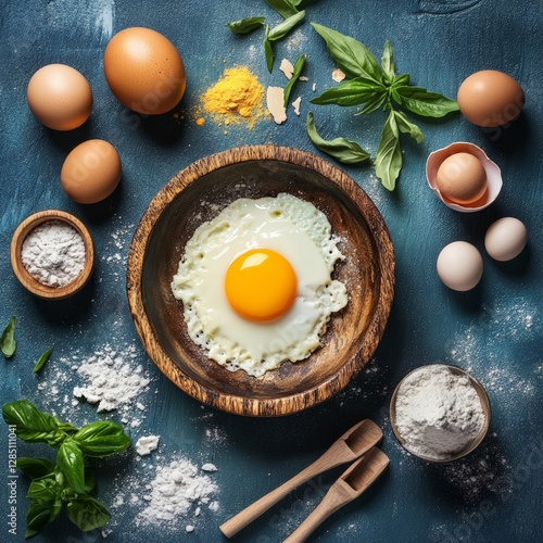 Obraz na płótnie Cooking fresh eggs with flour and herbs kitchen food preparation cozy setting aerial view culinary art w salonie