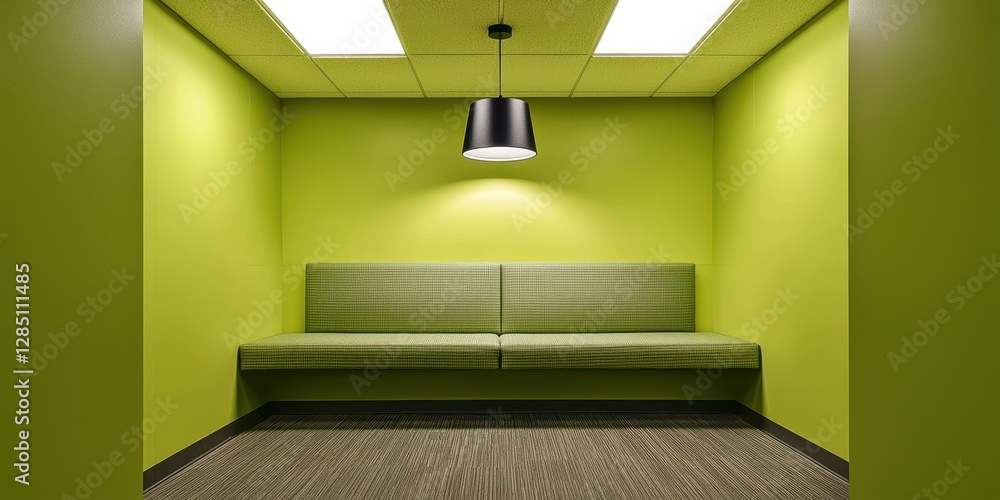 Green room with a black lamp hanging from the ceiling Green room with a black lamp hanging from the ceiling