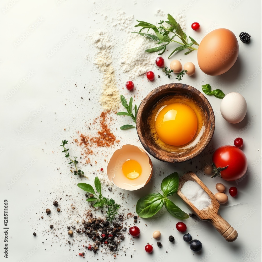 Culinary creation fresh ingredients prepared for a flavorful dish kitchen food photography bright environment overhead view cooking concept