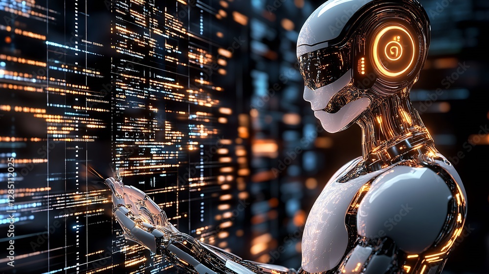 Futuristic humanoid robot holding digital interface surrounded by glowing data streams in a high-tech environment : Generative AI Futuristic humanoid robot holding digital interface surrounded by glowing data streams in a high-tech environment : Generative AI